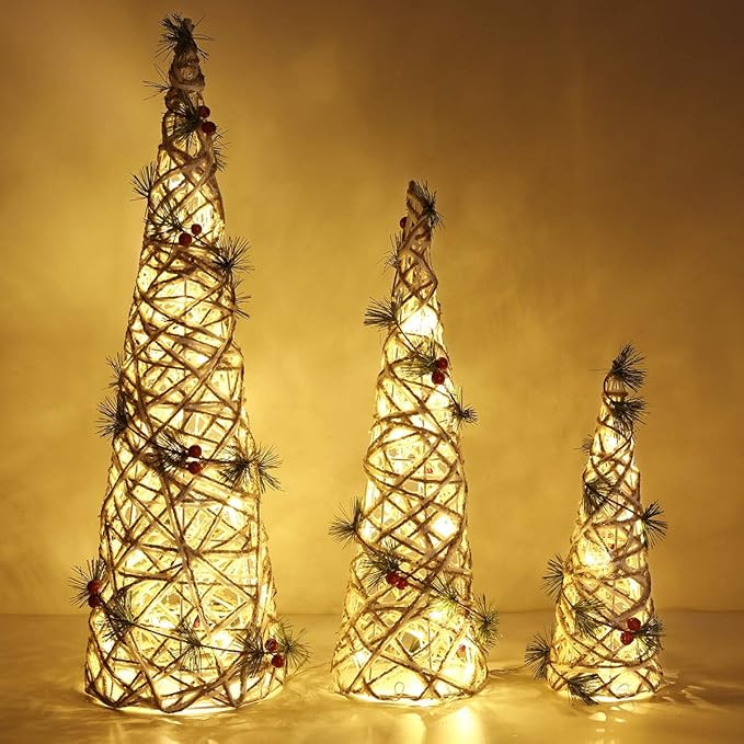 Lewondr Christmas Cone Trees, Set of 3 Christmas Tree with Lights and Red Berry Ornaments(24"/18"... | Amazon (US)