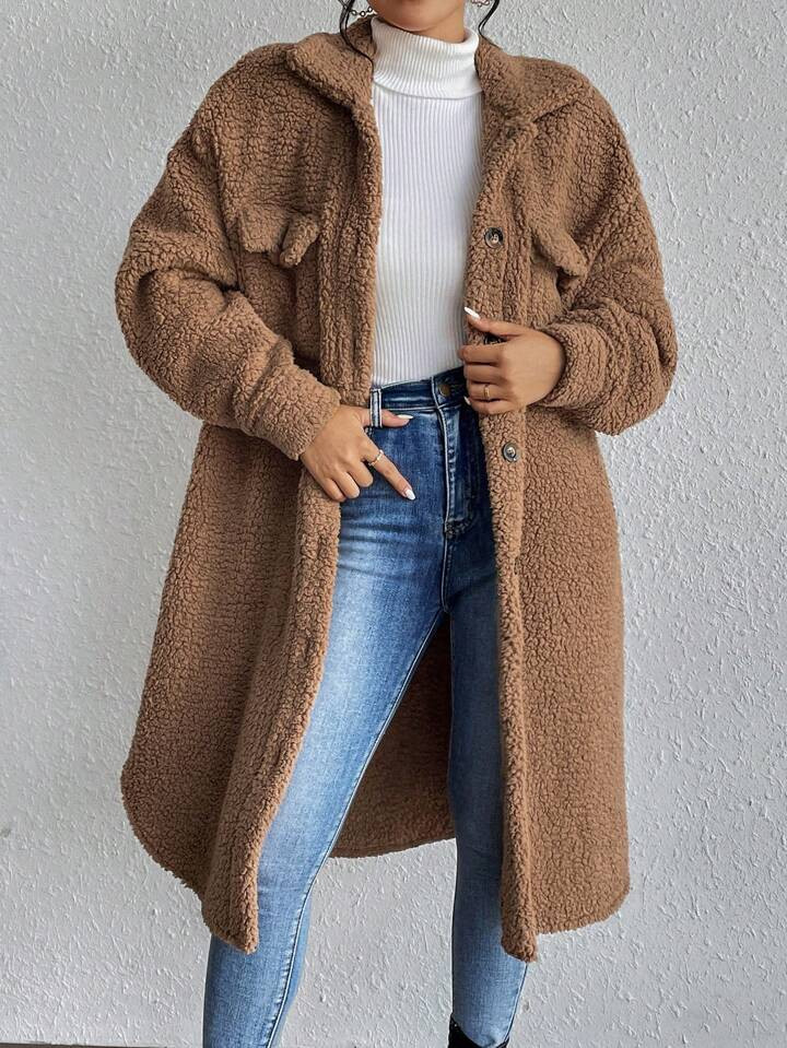 SHEIN Privé Drop Shoulder Flap Detail Teddy Coat | SHEIN