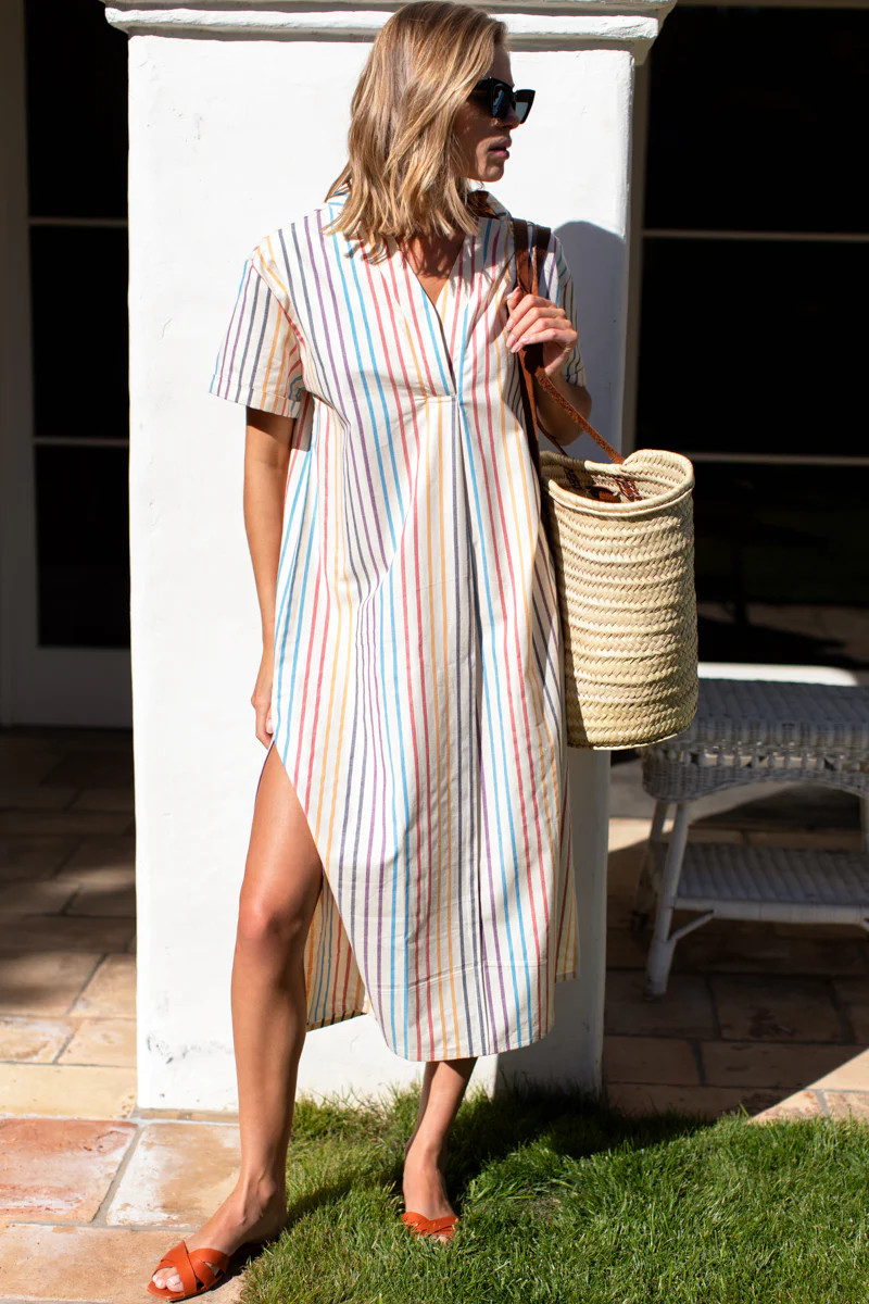 Rolled Sleeve V Caftan - Seville Stripe Agate | Emerson Fry