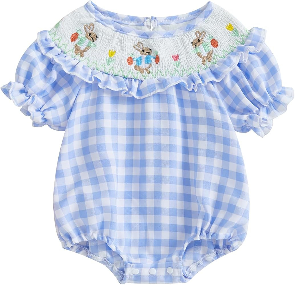 Adobabirl Baby Girl Easter Outfit Bunny Embroidery Smocked Bubble Romper Plaid Short Sleeve Bodys... | Amazon (US)