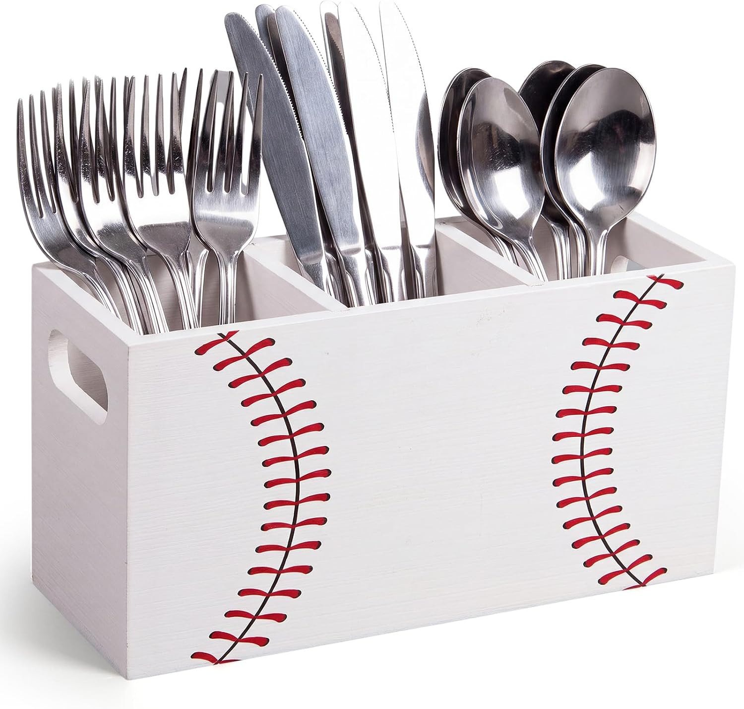 Gerrii Wooden Baseball Utensil Caddy 9.1 x 4.5 x 3.5 in, 3-Compartment Silverware Organizer, Cutlery Napkin Holder Caddy for Game Day, Sports Themed Birthday Party Supplies & Kitchen Table Decorations | Amazon (US)