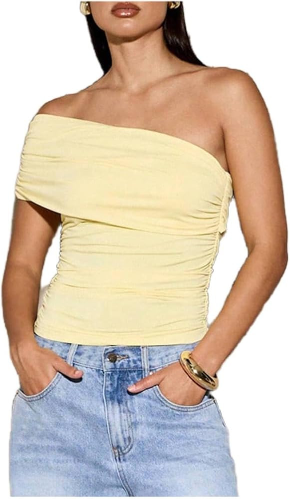 Milumia Women's Ruched Off One Shoulder Tops Asymmetrical Neck Y2K Tank Top | Amazon (US)