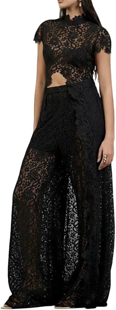 2 Piece Sets for Women Dressy Asymmetrical Lace Top and Wide Leg Pants Date Outfits | Amazon (US)
