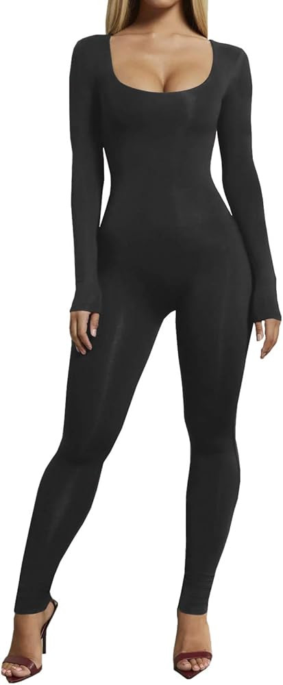 VWIWV Women's Sexy Long Sleeve Scoop Neck High Waist Bodycon Jumpsuits Solid Color One Piece Outf... | Amazon (US)