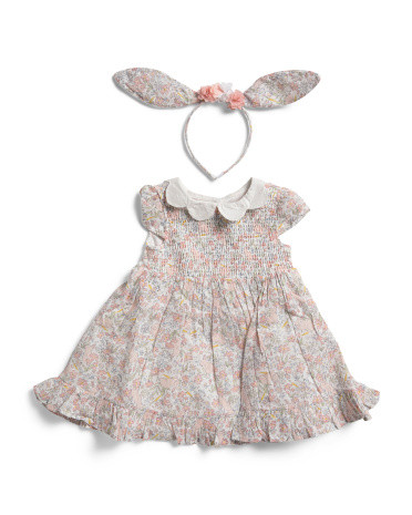 Infant Girls Smocked Dress With Bunny Headband | TJ Maxx
