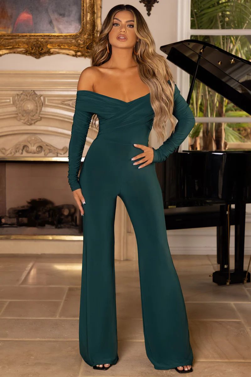 Hand On Heart | Bottle Green Twist Front Bardot Jumpsuit | Club L London