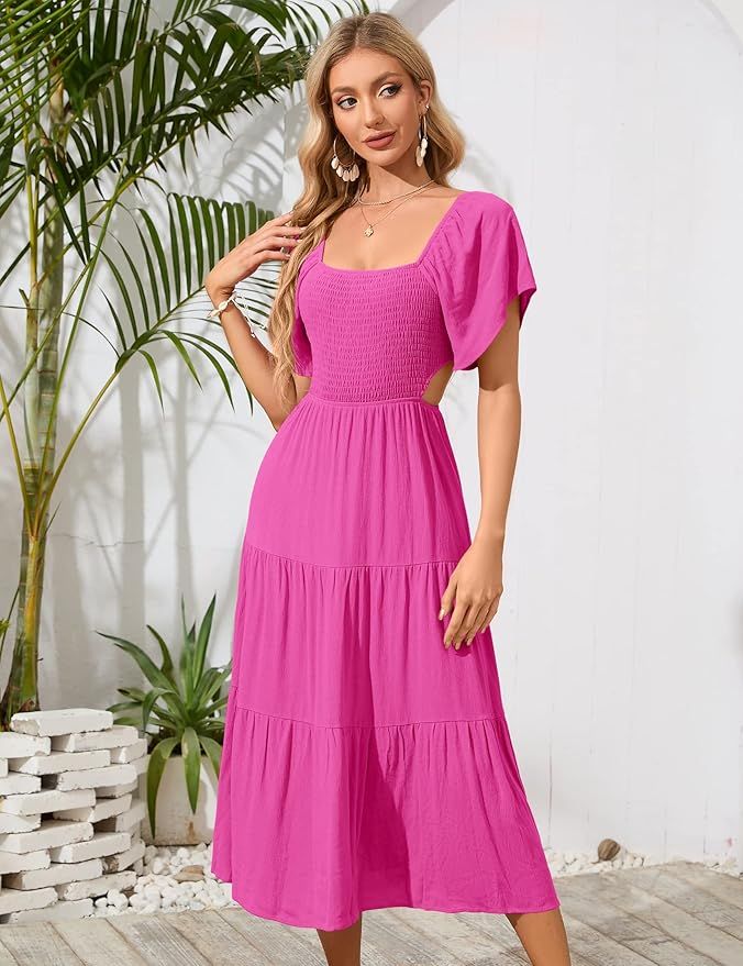 Women's Short Sleeve Square Neck Smocked Summer Dresses Cut Out Ruffle Hem Flowy Boho Maxi Dress | Amazon (US)