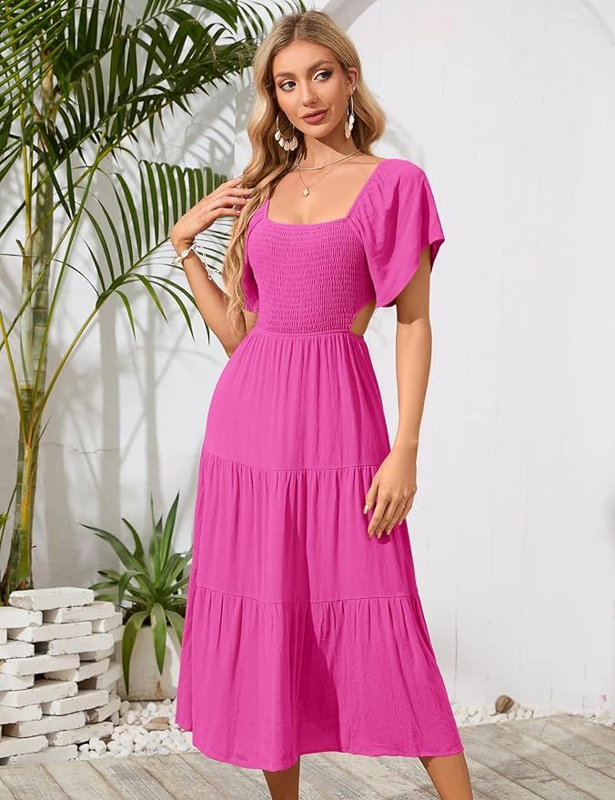 Women's Short Sleeve Square Neck Smocked Summer Dresses Cut Out Ruffle Hem Flowy Boho Maxi Dress | Amazon (US)