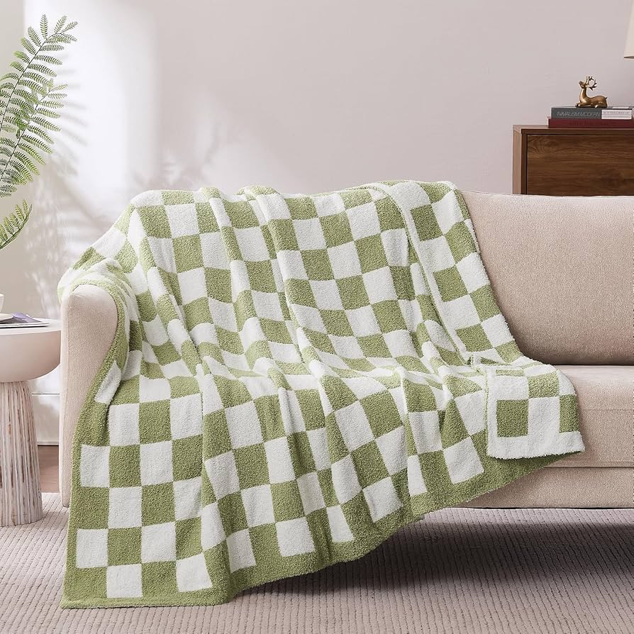 Checkered Throw Blanket, Sage Green Soft Cozy Fluffy Knitted Throw Blankets for Couch, Sofa, Bed,... | Amazon (US)