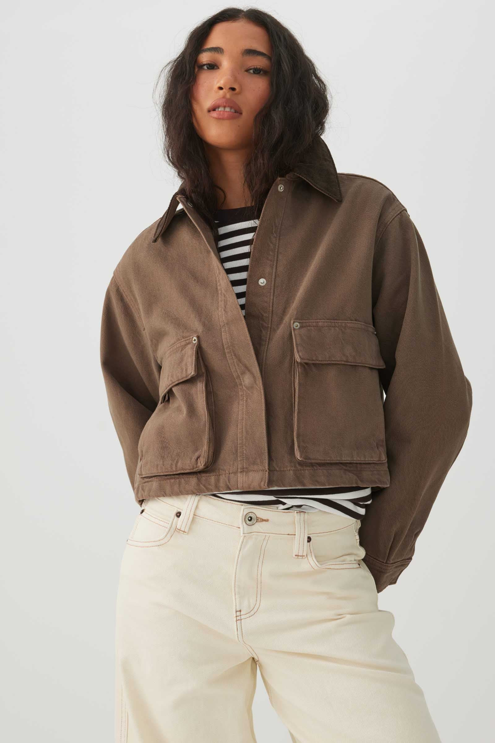 Denim Barn Jacket with Corduroy Collar Brown | Ardene Canada | Ardene US