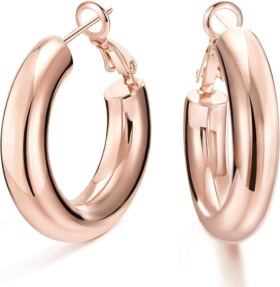 SHOWNII Chunky Gold Hoop Earrings, 14K Gold Plated Chunky Tube Hoop Earrings for Women Lightweigh... | Amazon (US)