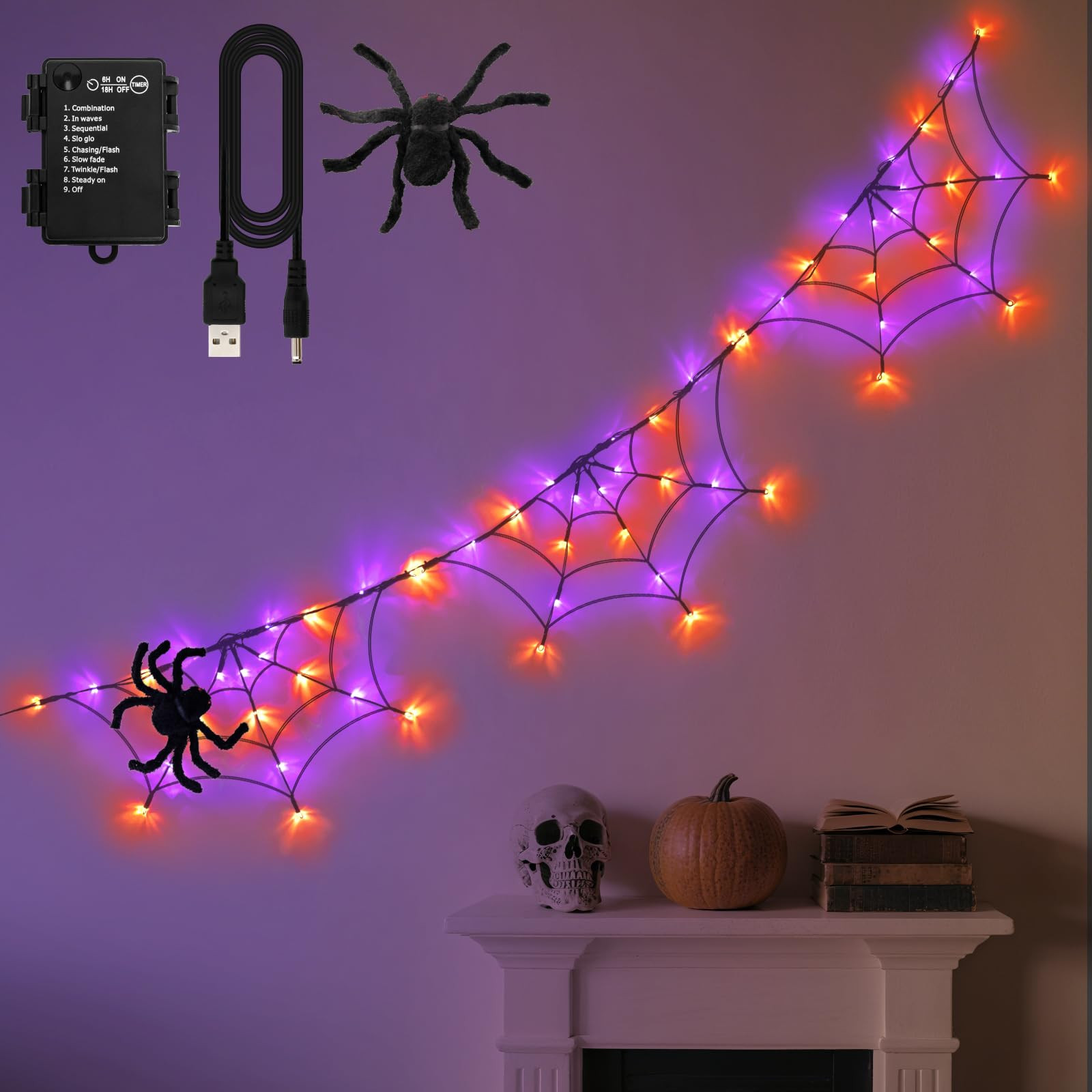 Halloween Decorations Spider Web Lights 6FT 60LED Battery Operated/USB Powered with Black Spider ... | Amazon (US)