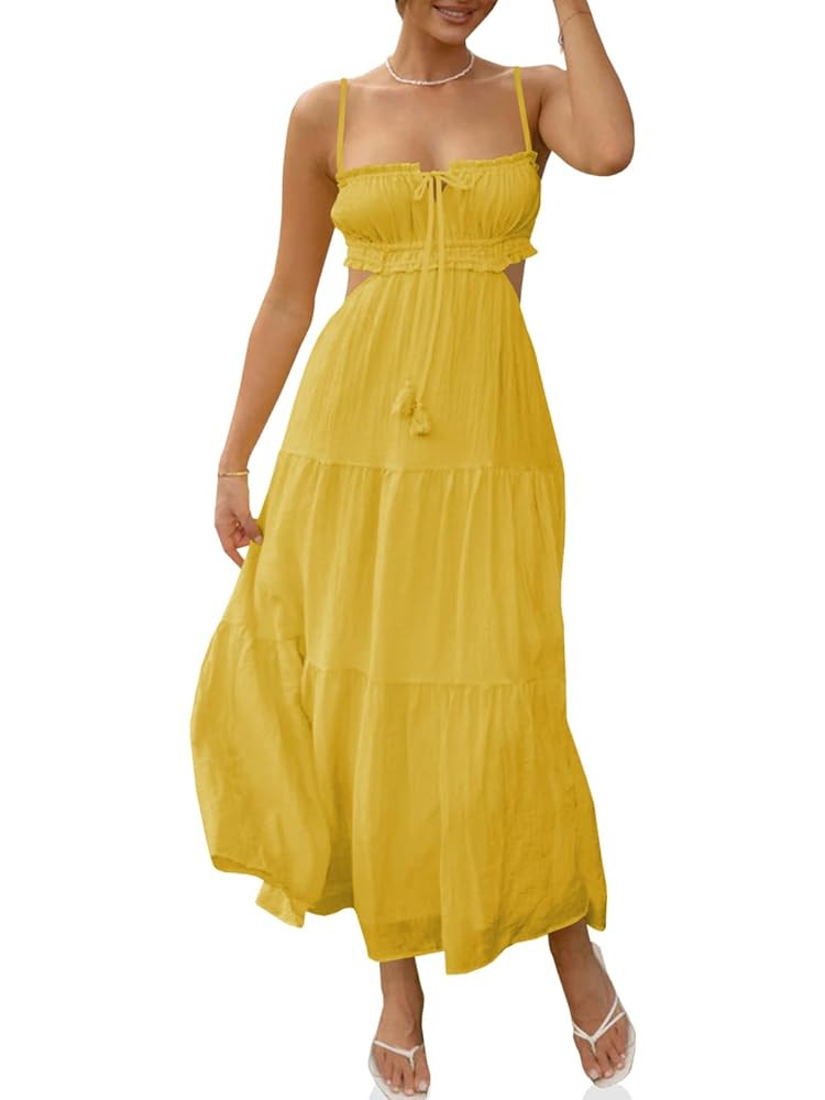 Fisoew Women's Spaghetti Strap Maxi Dress Summer Sleeveless Side Cut Out Dress Casual Boho Backle... | Amazon (US)