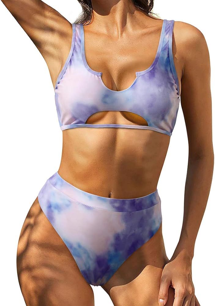 Women Cutout Cheeky High Waisted Tie Dye Sporty 2 Piece Bikini | Amazon (US)