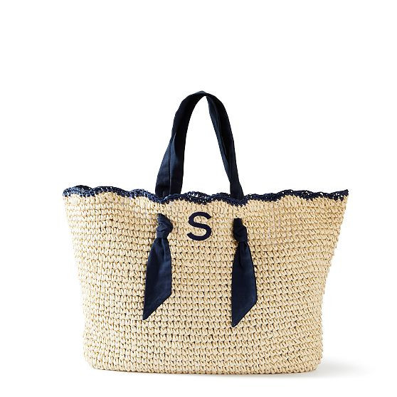 Ribbon Scalloped Raffia Tote, Navy | Mark and Graham