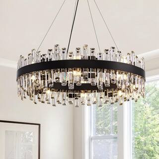 31.5 in Modern Black 2-Tier Raindrop Crystal Round Chandelier, Large 16-Light Adjustable Glam Pendant Light for Kitchen | The Home Depot