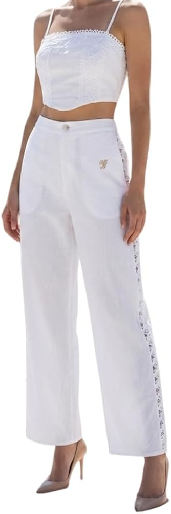YUSHE 2-Piece Crop Top and Pants Set for Women | Lace Embroidered Top & Wide-Leg Pants with Pocke... | Amazon (US)