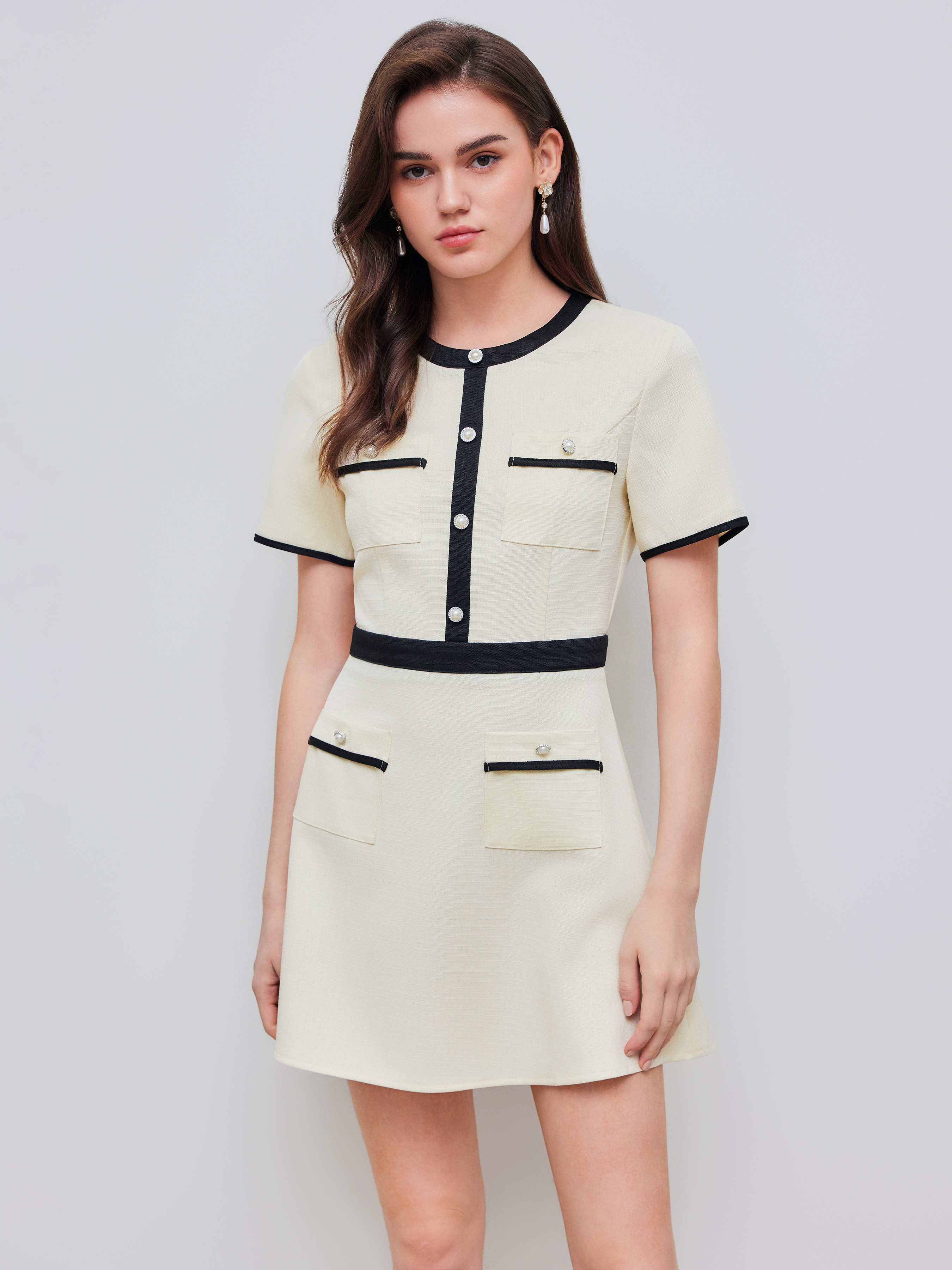 Tweed Round Neckline Contrasting Binding Pearl Button Mini Dress | Cider