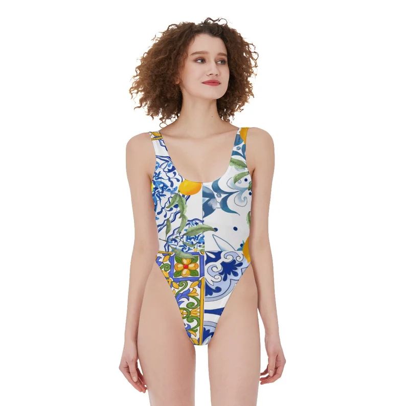 Majolica ,tiles,lemons,Sicilian tiles All-Over Print Women's High Cut One-piece Swimsuit | Etsy (US)