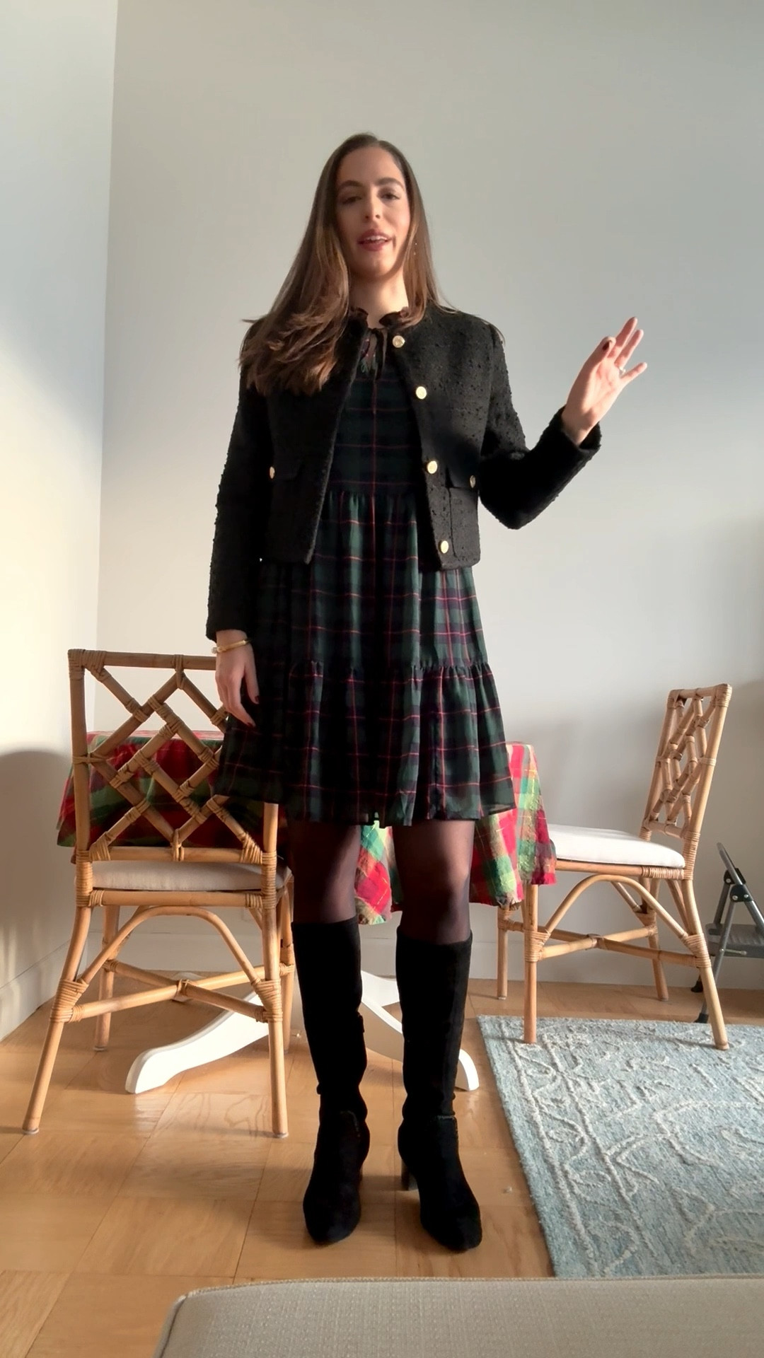 What to wear to your company holiday party, company’s holiday party, work party, corporate style, corporate outfit, corporate workwear, winter work outfit, winter work style, what to wear to work, lawyer, attorney, corporate office, office style, winter office style, winter office outfit, tartan dress, plaid dress, tall black suede boots, black tweed jacket, black tweed lady jacket 

#LTKHoliday #LTKWorkwear #LTKSeasonal