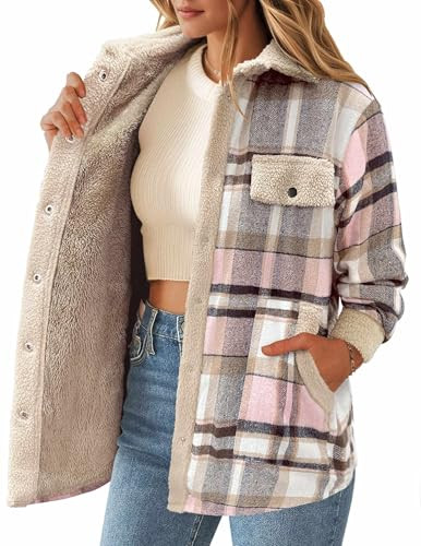 Zeagoo Fleece Jacket Women Plaid Flannel Lined Shacket Sherpa Long Sleeve Button Down Shirt Winter Warm Coat Grey Pink L | Amazon (US)
