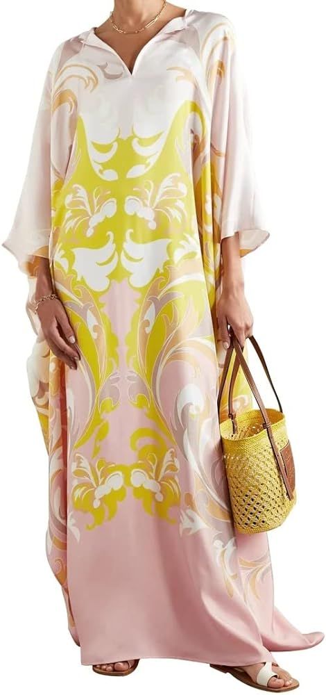 Designer Printed Satin Silk Casual Wear Kaftan for Women,Boat Neck Silk Caftan Dress, Kaftan for ... | Amazon (US)