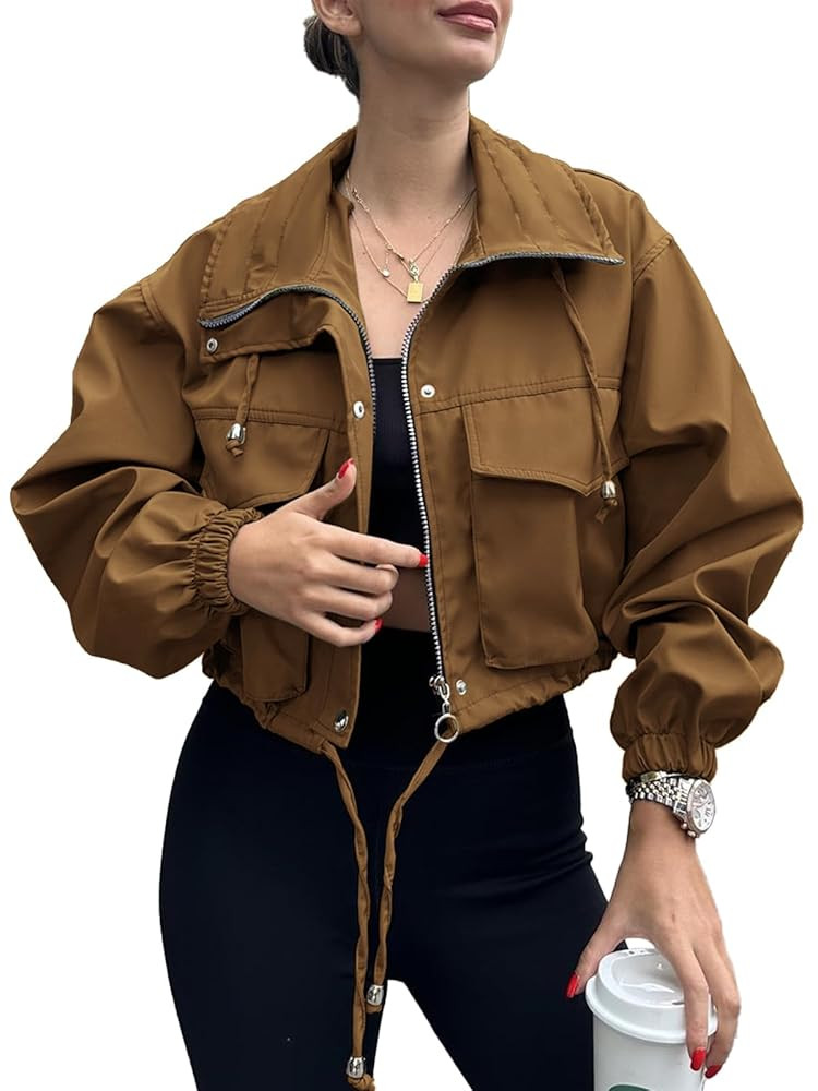 Tankaneo Womens Cropped Jacket Zip Up Lightweight Oversized Utility Anorak Coat with Pockets | Amazon (US)