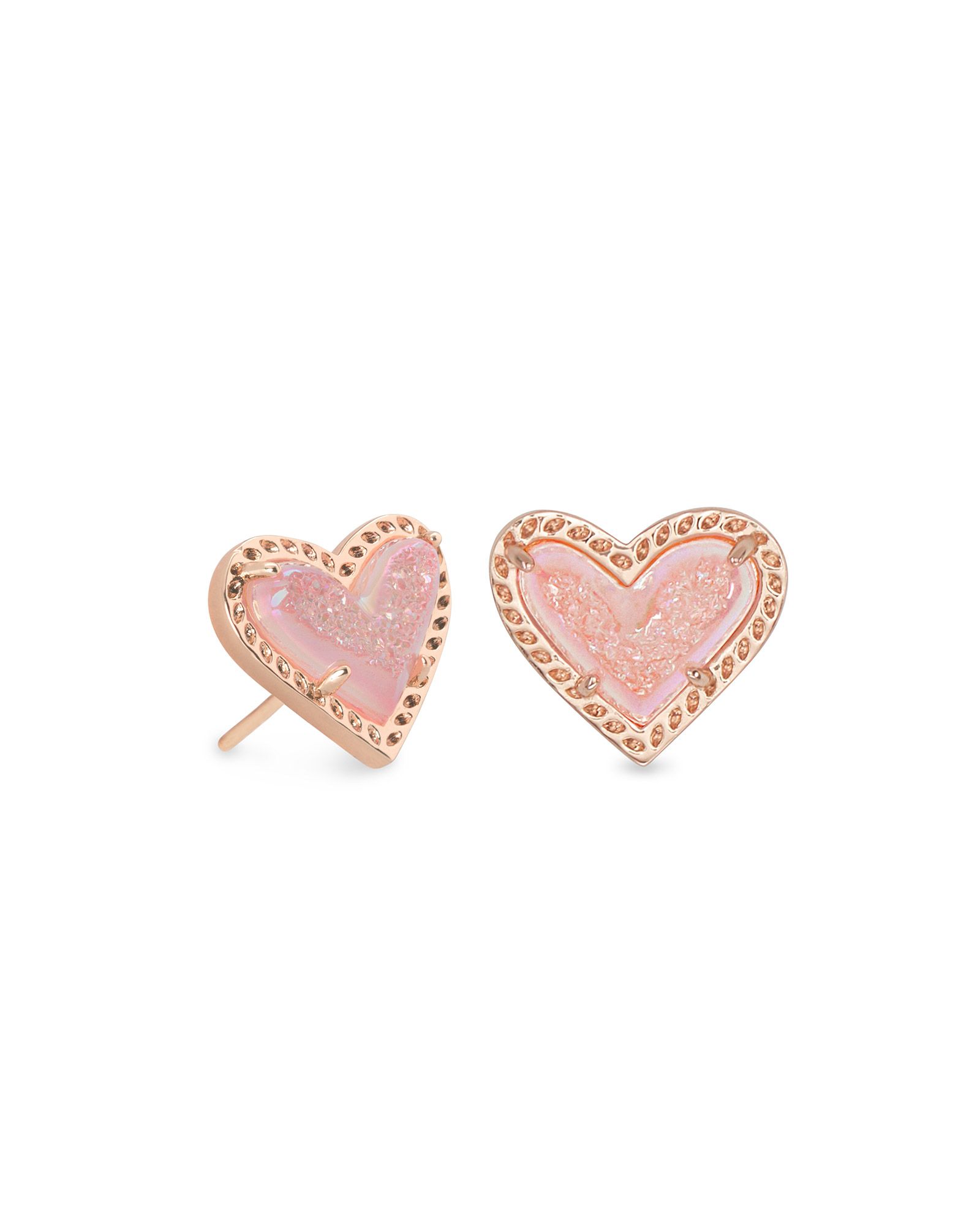 Ari Heart Rose Gold Stud Earrings in Pink Drusy | Kendra Scott