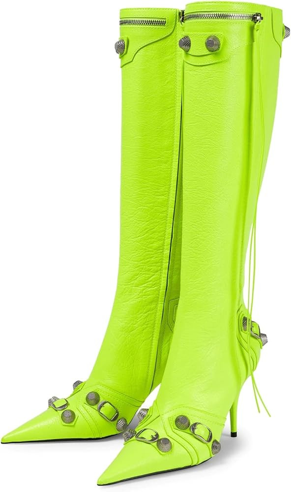 Kluolandi Women's Stiletto High Heel Knee High Boots with Tassel Pointy Toe Studded Zipper Booties D | Amazon (US)