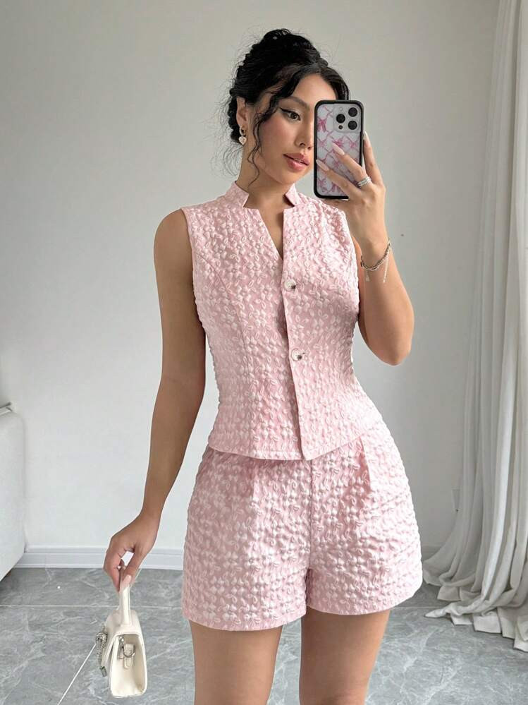Selianne Women Fashion Jacquard Pink Camisole And Shorts 2Pcs Set | SHEIN