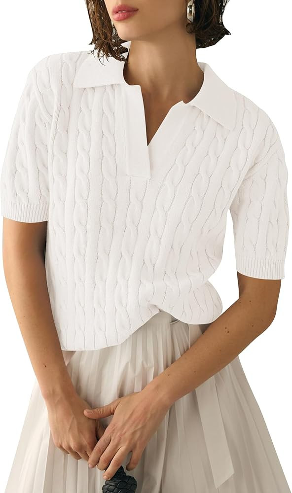 Micoson Womens Short Sleeve Sweater Tops Lapel V Neck Polo Shirts Cable Knit Blouses Business Cas... | Amazon (US)