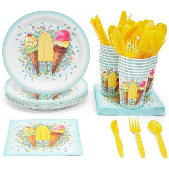 Juvale 144 Pieces Ice Cream Party Supplies, Paper Plates, Napkins, Cups and Plastic Cutlery (Serv... | Target