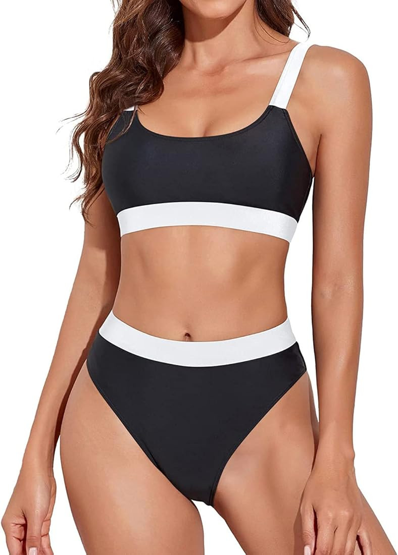 Tempt Me Women Two Piece High Waisted Bikini Swimsuits with Bottoms Teen Scoop Neck Sport Bathing... | Amazon (US)