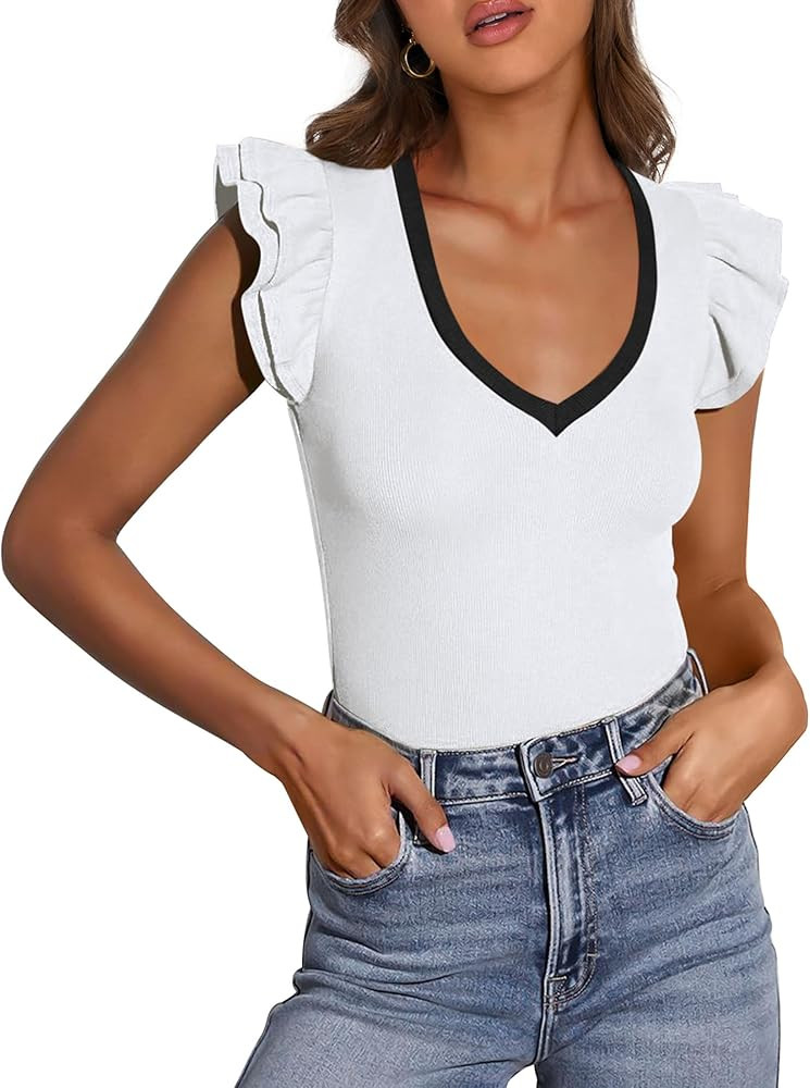 PRETTYGARDEN Womens V Neck Summer Tops Ruffle Sleeveless Slim Fit T Shirts Going Out Casual Blous... | Amazon (US)