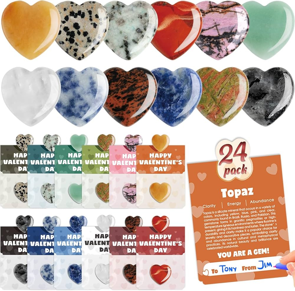 Valentines Day Gem Gifts for Kids - 24 Pack Prefilled Valentine's Day Cards with Heart-shaped Gem... | Amazon (US)