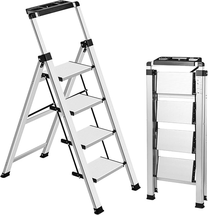 4 Step Ladder, Retractable Handgrip Folding Step Stool with Anti-Slip Wide Pedal, Aluminum Stool ... | Amazon (US)