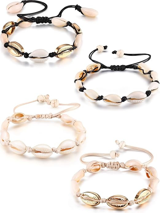 meekoo 4 Pieces Natural Cowrie Shell Ankle Bracelets Seashell Crochet Ankle Bracelet Handmade Boh... | Amazon (US)