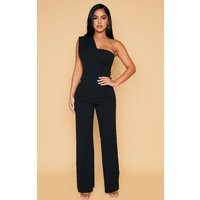 Petite Black One Shoulder Drape Jumpsuit | PrettyLittleThing US