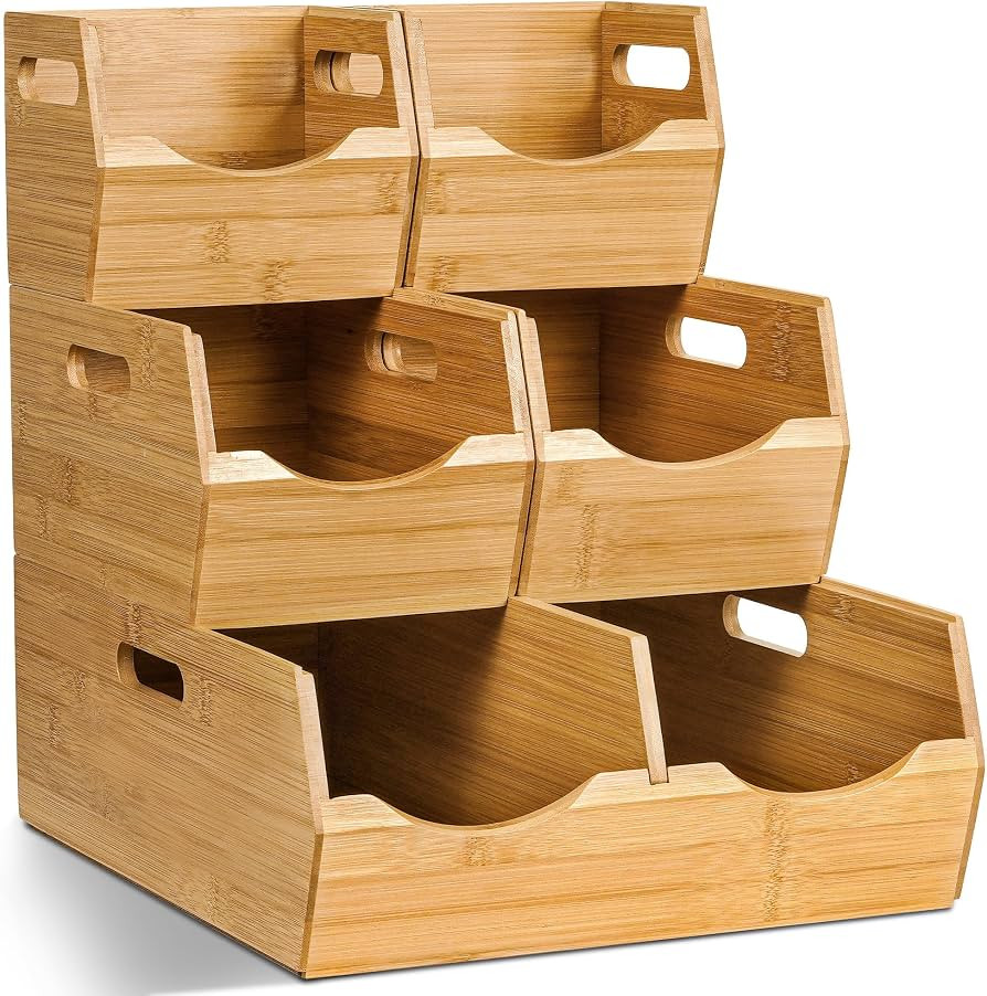 [Upgraded] 3-tier Stackable Bamboo Pantry Storage Bins, Potato and Onion Storage Baskets with Han... | Amazon (US)