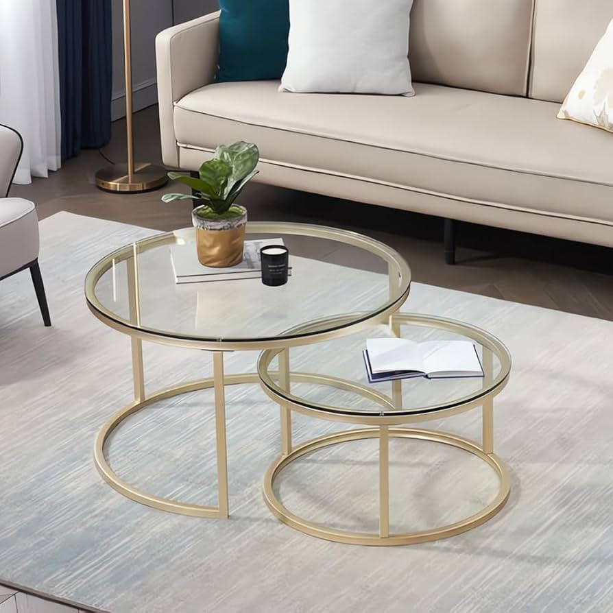 Gold Glass Nesting Coffee Table for Living Room, Small Round Modern Coffee Table Set of 2, Accent... | Amazon (US)