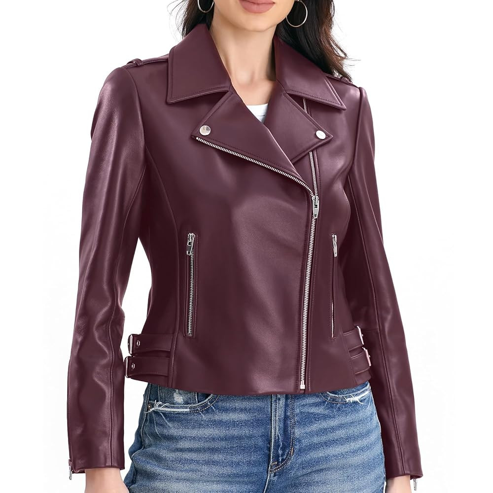 Lambskin Leather Jacket Women,Motorcycle Jacket,Asymmetrical Zip Style,Buckle Belts,Quilted Detai... | Amazon (US)