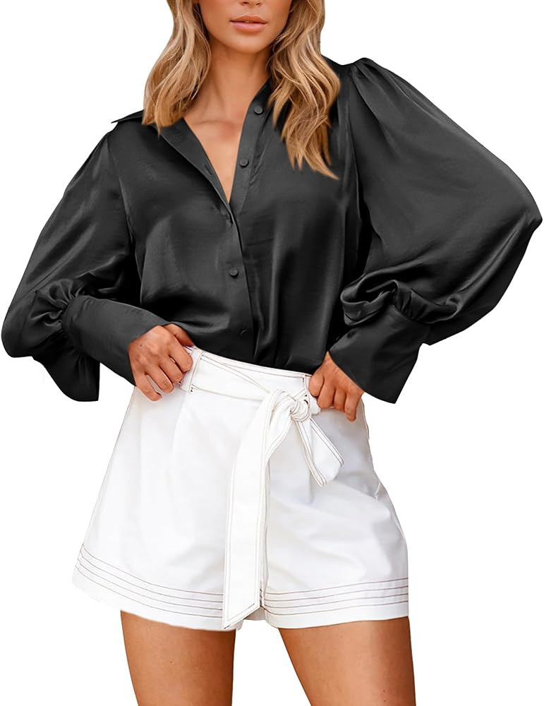 BTFBM Women Satin Blouses Summer Fall Clothes Button Down Lantern Long Sleeve Shirts Work Busines... | Amazon (US)
