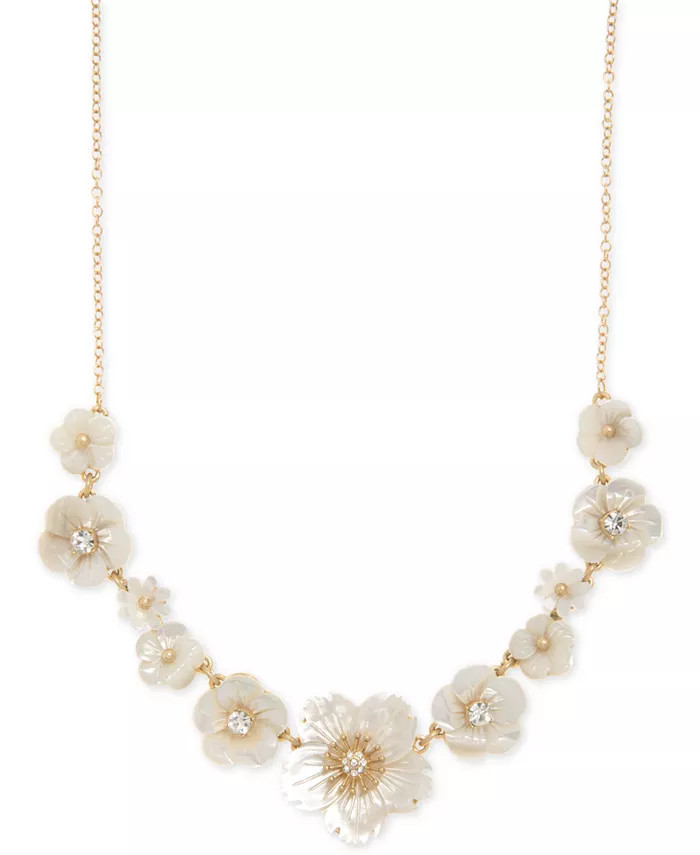 Gold-Tone Crystal & Imitation Mother-of-Pearl Flower Statement Necklace, 16" + 3" extender | Macys (US)