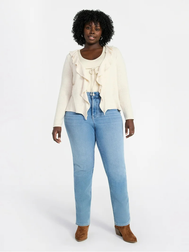 Terra & Sky Women’s Plus Tie Front Ruffle Cardigan Sweater, Sizes 0X-5X | Walmart (US)