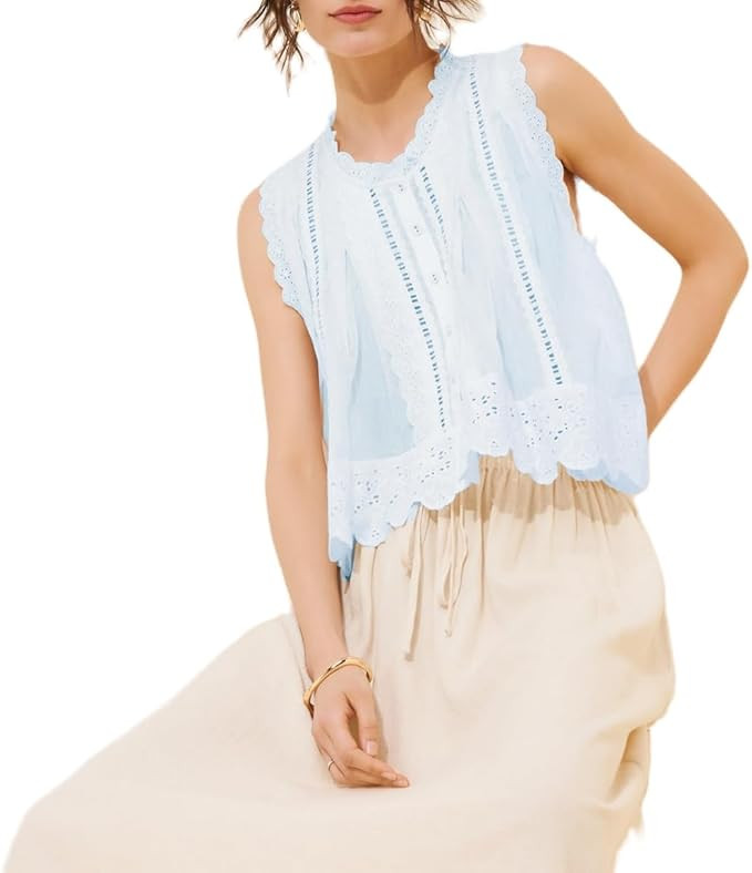 Women Sleeveless Eyelet Top Vintage Lace Patchwork Detail Button Down Vest Top Scallop Hem Beach ... | Amazon (US)