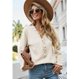 Ruffle Edge Button Front Knit Sweater in Cream | Chicwish