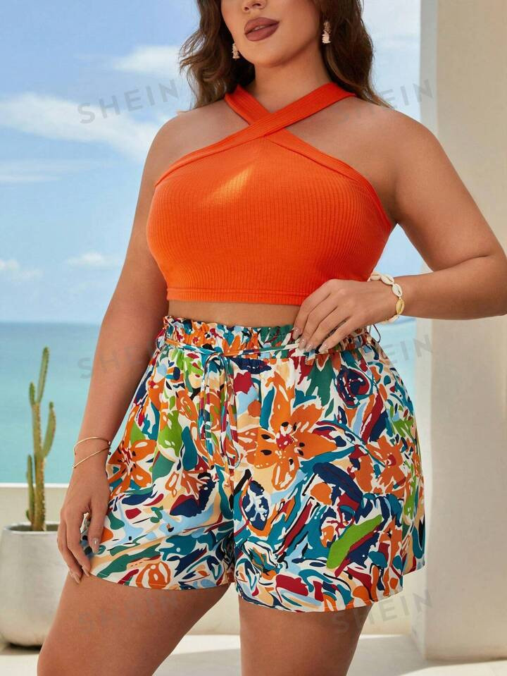 SHEIN VCAY Plus Solid Crop Halter Top & Floral Print Belted Shorts | SHEIN