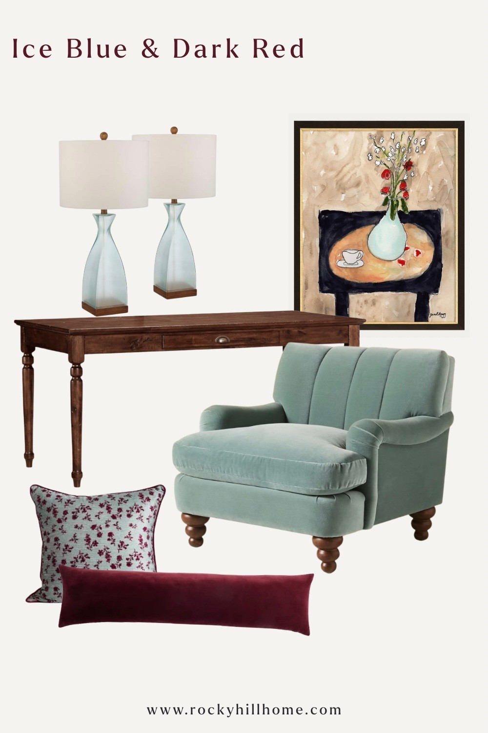 The Ice Blue & Dark Red edit of my dreams! Rounding up favorite furniture and decor finds in this stunning high-contrast palette.
I’m loving this light blue-green tufted velvet chair from Anthropologie, the classic turned-leg writing desk from Pottery Barn, and the glass table lamps. 

#LTKHome