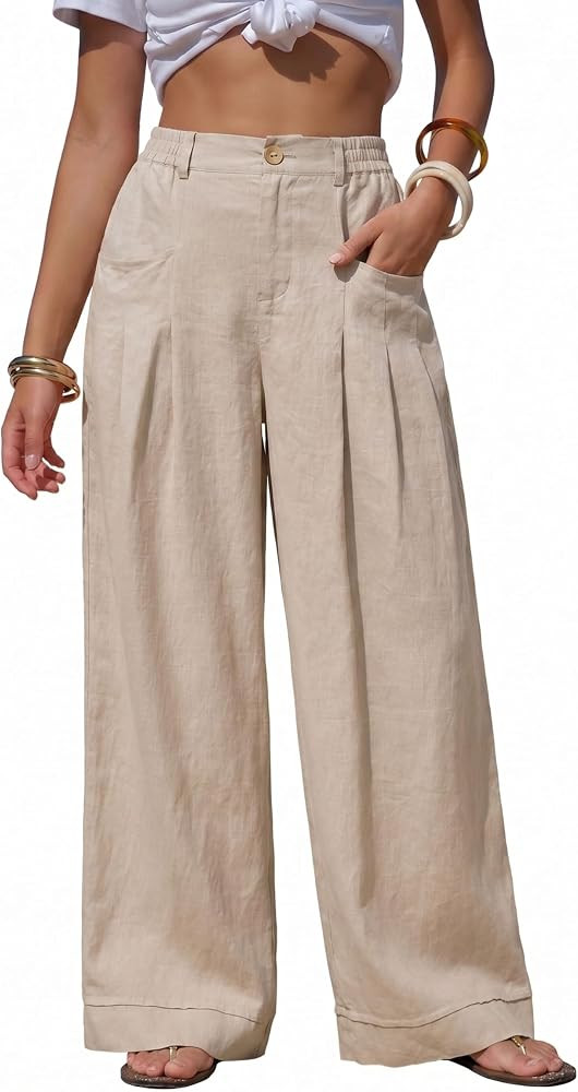 Athlisan Womens Cotton Linen Palazzo Pants Casual Wide Leg Lounge Trousers Beach Vacation Outfits | Amazon (US)