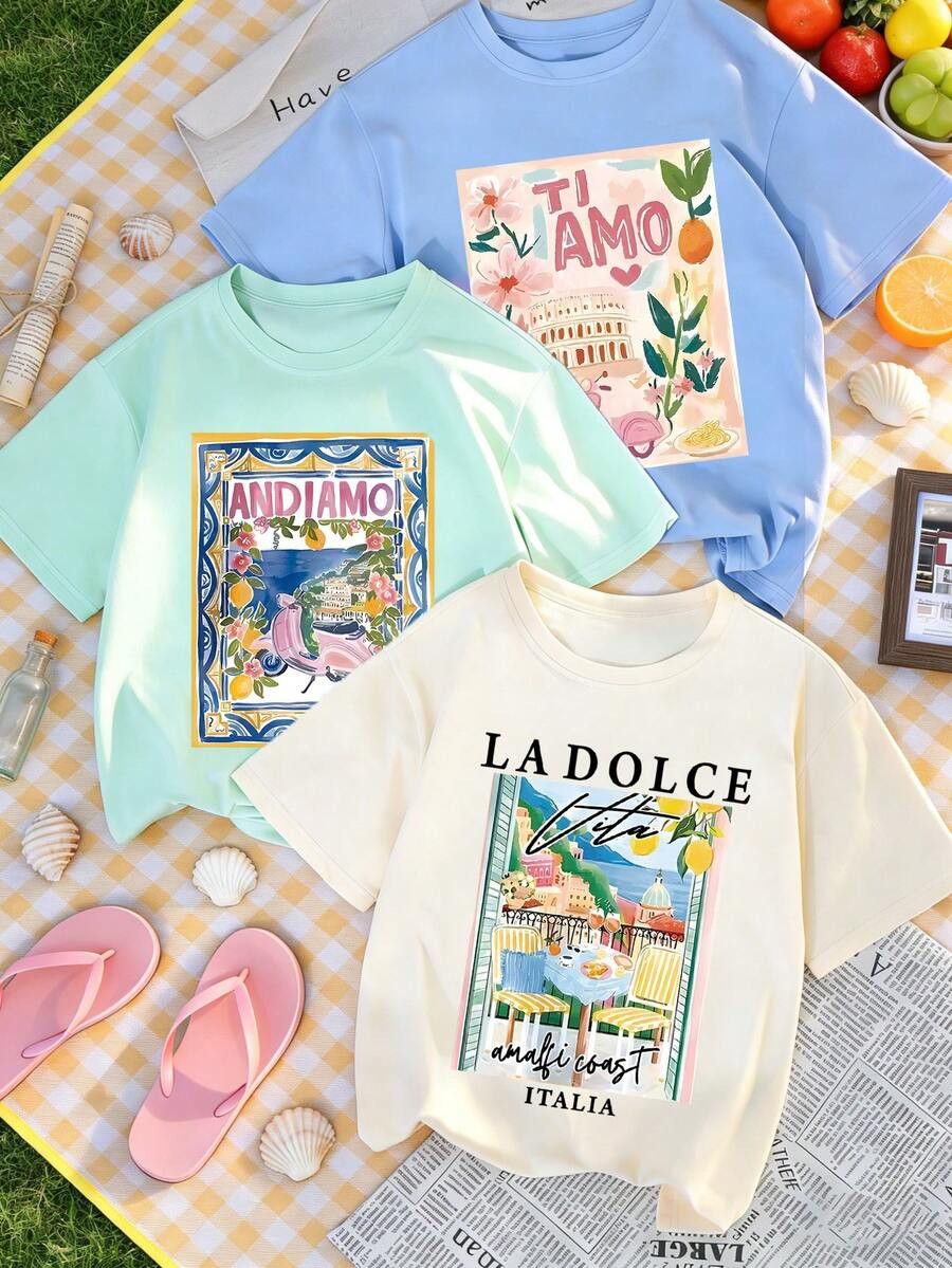 3pcs/Set Tween Girls Printed Short Sleeve T-Shirts, Suitable For Tween GirlsSummer Tops, Young St... | SHEIN
